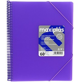 Grafoplas Plastic Sleeves A4 60 Clear Sleeves Rigid Cover Purple PVC Spiral 360 Degree Opening Includes Envelope Archive for School and Office Translucent Maxiplas