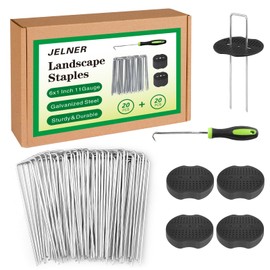 JELNER Landscape Staples Set,6 Inch 11 Gauge 20pcs Galvanized Garden Staples + 20pcs Gaskets + 1Pick Hook,U-Shaped Tent Stakes Landscaping Fabric SOD Pins for Weed Fabric Barrier,Groud Cover,Fence