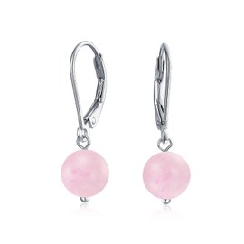 Simple Round Bead Light Pink Rose Quartz Lever back Ball Drop Earrings For Women .925 Sterling Silver February Birthstone
