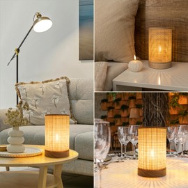 Battery Operated Lamp Boho Rattan Table Lamp with Timer, Battery Powered Lamp Bedside Cordless Accent Lamp for Livingroom/Entryway/Tabletop Decor Beige