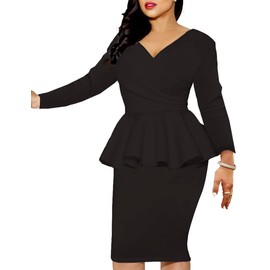 MAYFASEY Women's Fashion Peplum Bodycon Off Shoulder Wrap V Neck Ruffle Pencil Party Dress Business Formal Work Midi Dresses Black S