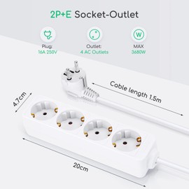 Aigostar Steckdosenleiste 4-fach Tischsteckdose Kindersicherung 1'5m Kabel, Weiß