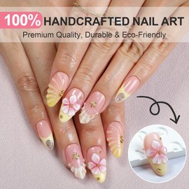 HOMSERA Medium Almond Fake Nails Handmade Press on Nails with 3D Flowers Starfish Water Ripple Design, French Tips Acrylic Glue on Nails for Women, Summer Beach Vacation Manicure Set