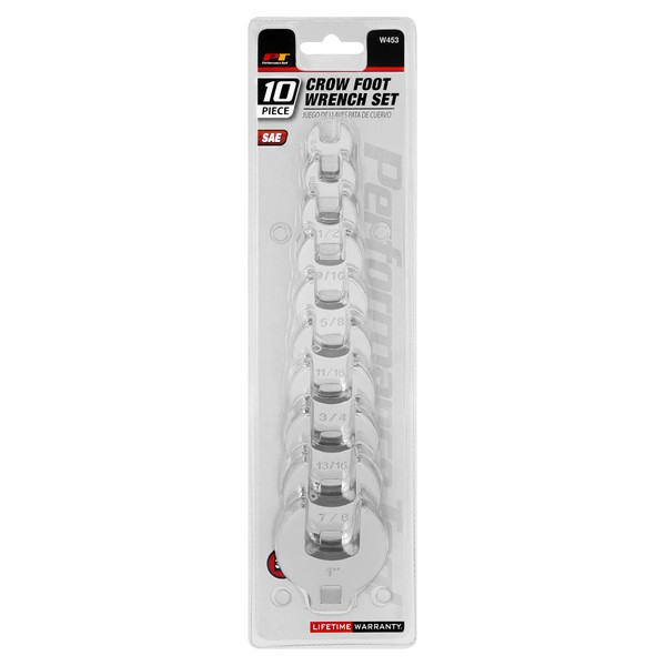 Performance Tool W453 10-Piece SAE Open End Crowfoot Wrench Set
