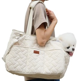 HSC PET Beige Small Dog Bag Woman,Cat Carrier Quilted Pet Soft Sided Leisure Pups Totes Traveling Go to Vet,Pet Function Handbag with 3 Pockets,12 lbs Puppy/15 lbs Cat or Kittens