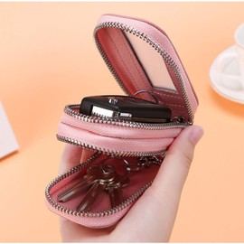 Guolich Car Key Chain Bag Double Zipper Leather Protection Key Coin Holder Keyring with Transparent Window for Car Key Remote Control (Pink)