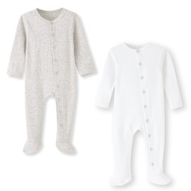 BINIDUCKLING Baby 2-Pack Cotton Snap-Up Sleepsuit - Baby Footed Pajamas with Mitten Cuffs - Long Sleeve Baby Onesies Grows 9-12 Months, Beige Grey and White