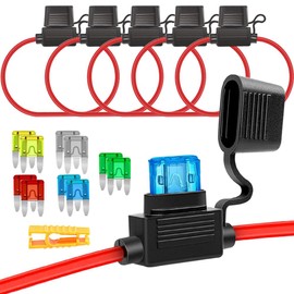 Aiqeer Pack of 5 32 V Small Car Inline Blade Fuse Holder, Waterproof Car Inline Mini Blade Fuse Holder with 16 AWG Wire, Free Pack of 10 Mini Blade Fuses and Fuse Puller