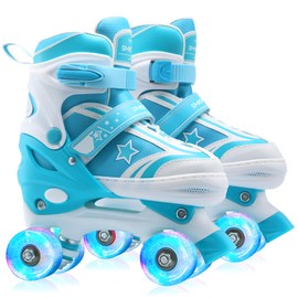 SMOOJOY Roller Skates for Kids Girls and Boys with Light-Up Wheels | Adjustable Size Blue & Green Rollerskates Shoes for Youth and Women Ages 5-8
