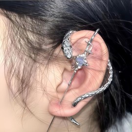 2Pcs Silver Snake Cuff Hook Needle Earrings Set for Women Punk Gothic Serpent Clip on Wrap Earring Ruby Snake Sword Earrings Jewelry Gift for Left Ear