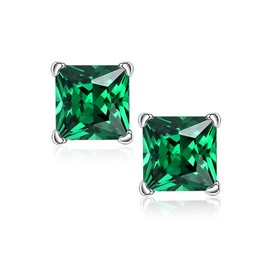 Mothers Day Gifts for Mom, Sparkle Princess Cut Created Emerald Birthstone Earrings 18K White Gold Plated 925 Sterling Silver Solitaire Birthstone Stud Earrings Birthstone Jewelry Gifts for Women Mom