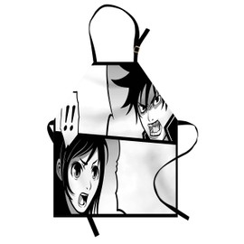 Ambesonne Anime Apron, Japanese Comics Strip with Boy and Girl Fight Scene Manga Image Cartoon Print, Unisex Kitchen Bib with Adjustable Neck for Cooking Gardening, Adult Size, White Black