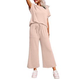 Dokotoo 2 Piece Sets for Women Summer Fashion 2025 Casual Crew Neck Short Sleeve Tops Matching Lounge Sets Comfy Solid High Waist Drawstring Wide Leg Pant with Pockets Ladies Sweatsuit Khaki L