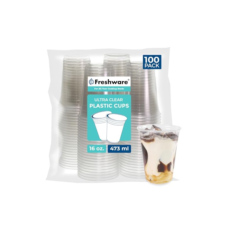 Freshware Clear Plastic Cups [100 Pack - 16 oz] Disposable