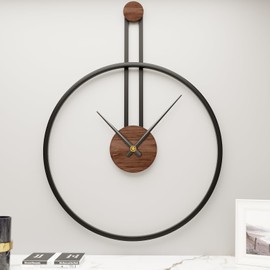 MuZi famlily 28.7x22 Inch Large Metal Giant Modern Wall Clocks for Living Room,Big Farmhouse Oversized Decorative Black Minimalist Wall Clock with Elegant Natural Walnut Dial for Office,Dining Room