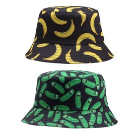 CHSZSH Pack of 2 Bucket Hats, Bucket Hats with Cucumber and Banana Print, Reversible Bucket Hats, Street Fashion Bucket Hats, Hip-Hop Sun Hats, Outdoor Sun Protection Hats, black