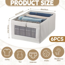 6 Pack Closet Storage Bins, 15.9 x 11 x 6.7 Foldable Closet Organizer Bins with Clear Window, Cotton Linen Closets Baskets for Clothing Organization, Foldable Fabric Organizer, Beige