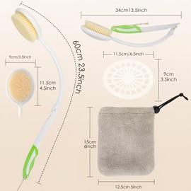 Foldable Back Scrubber Brush with Natural Bristles | 23-Inch Long Handle Exfoliating Body Brush for Shower, Dry & Wet Use | Includes Quick-Dry Microfiber Bag (Curved Design, 23x3.5 Inch)