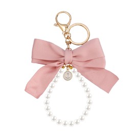 SMUOBT Bow Initial Keychain for Women, Cute Pink Bow Keychain Wristlet Pearl Key Chains for Car Keys, Accessories