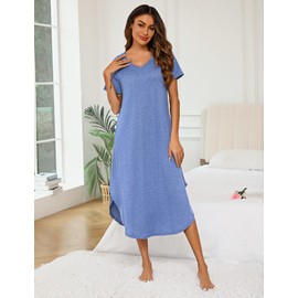Nieery Women's Long Cotton V-Neck Summer Nightdress Large Sizes Short Sleeves Loose Sleep Shirt Night Dress Casual Sleepwear with Pockets S-3XL, blue
