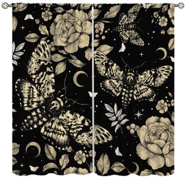 AAVEUP Gothic Moth Curtains for Bedroom,Vintage Boho Mystery Moon Phase Vintage Hippy Flower Plant Star Butterfly Window Drapes for Kids Boys Girls Living Room Kitchen 42x45in（No Blackout）
