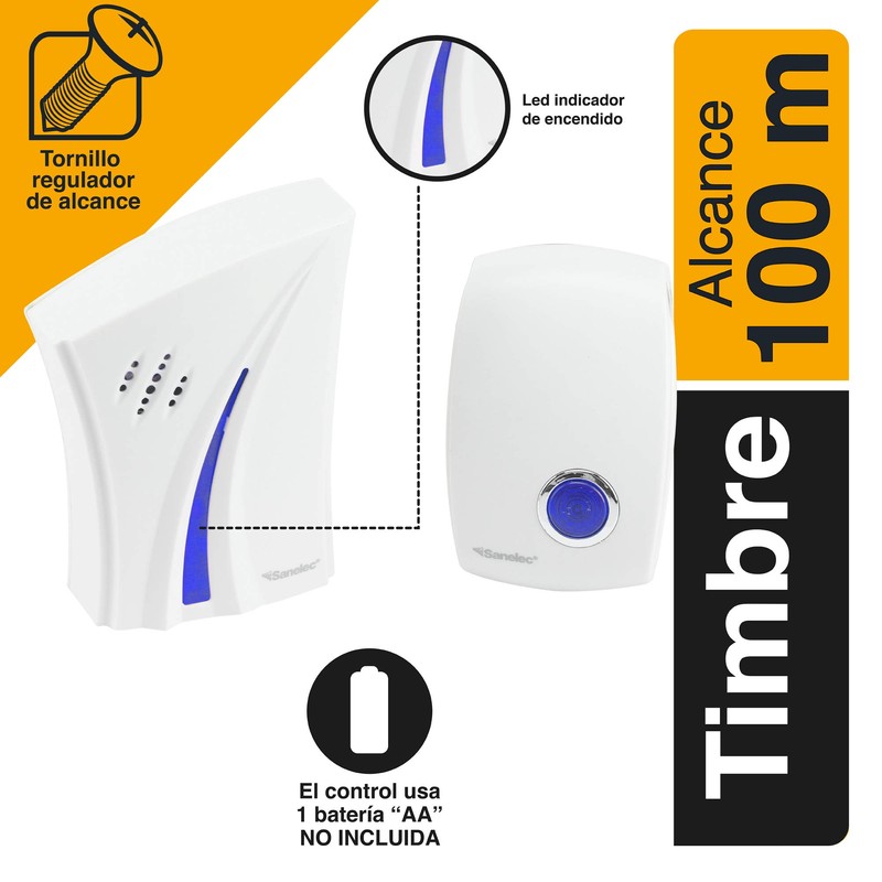 Sanelec 2646 Timbre Inalámbrico con 32 Melodias, LED Indicador de