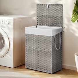 Elevon 90L Laundry Basket with Lid, Hand-Woven Pp Rattan Laundry Hamper with Compartments & Handles, Foldable, Large Capacity Clothes Basket with Removable Liner for Bathroom, Gray