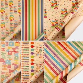 Jatidne Birthday Wrapping Paper Sheets with Tags for Kids Retro Kraft Recyclable Gift Wrap 6 Sheets