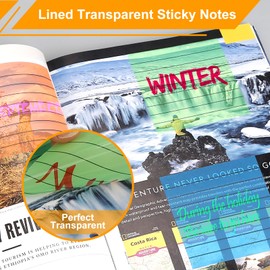 300 Sheets Lined Transparent Sticky Notes, 3x3 Inch 6 Colorful Clear See Through Translucent Self-Adhesive Post Memo Reminder Tabs with Line for Office Woman College School Students Classroom Supplies