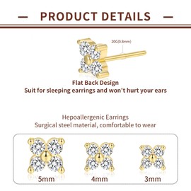 Women's Gold-Plated Earrings, Set of 3, Zirconia Golden Stud Earrings, Gold, Small, Hypoallergenic Stud Earrings, Gold-Plated, for Multiple Pierced Earrings, Earrings for Women, small, Alloy Steel, 0
