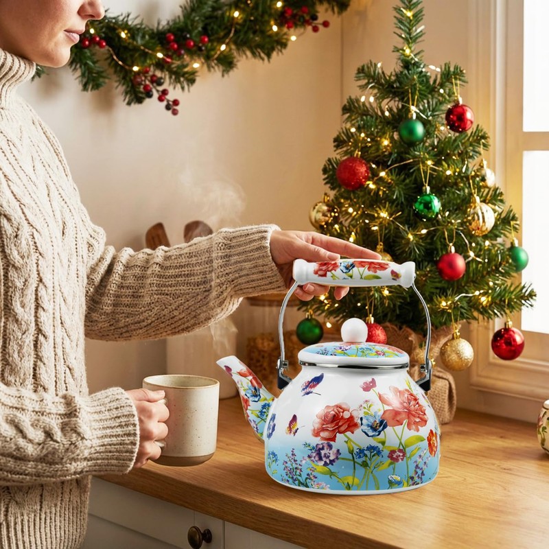 Butterfly Floral Enamel Tea Kettle, 2.5L Stovetop Teapot with Porcelain
