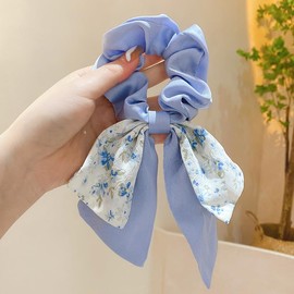 2pcs Large Intestine Hair Loop, 3.5in Chiffon Bow Tie Hair Loop Harmless Hair Loop Bow Scrunchies for Hair For Women Girls (Blue)