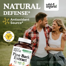 Wild & Organic Pine Bark Extract Capsules 300 mg - Antioxidant Supplement - 95% Proanthocyanidins - 180 Capsules - French Maritime Pine Bark Extract - 6-Month Supply - Pinus Maritima - Vegan, Non-GMO