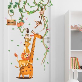 Jungle Safari Animal Wall Decals, Lion Tiger Koala Monkey Nursery Stickers, Tropical Leaves Peel and Stick Decor for Baby Bedroom, Classroom, Playroom, Kids Room
