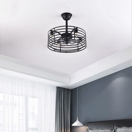 TFCFL Metal Caged Ceiling Fan with Lights, 20 Inch Industrial Low Profile Chandelier Fan with Remote Control 4-Light 3-Speed Timing for Indoor Bedroom Living Room (Black)