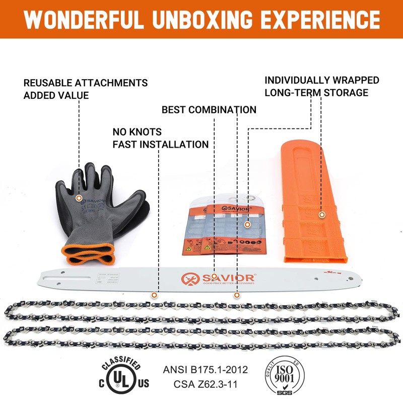 Savior 18 Inch Chainsaw Guide Bar and Chain Combo, 3/8"