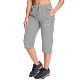MAGCOMSEN Womens Capris with Pockets Lightweight Quick Dry Hiking Pants with 5 Pockets for Travel Casual Light Grey, L