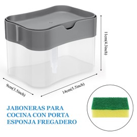 Bebeay Dispensador de Jabon Cocina, Jaboneras para Cocina con Porta Esponja, Jabonera para Trastes Fregadero 300ml，Pulsar para Dispensar, Reposición Oportuna, Limpieza de Platos, Cubiertos y Sartenes