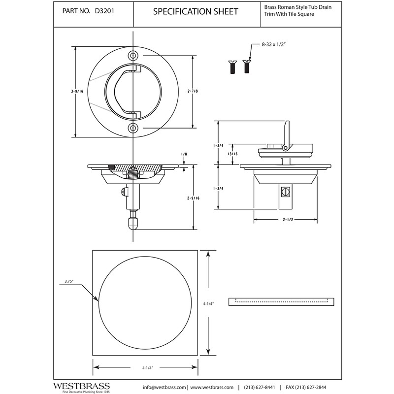 Westbrass D3201-62 Roman Tub Drain Trim with 4-1/4" OD Tile