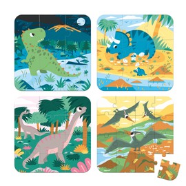 Janod - 4 Dinosaur Puzzles - Children’s Progressive Puzzle - From 6 to 16 Pieces - Develops Patience and Dexterity - Made in France - Educational Game for 24 months +, J02541