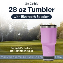 Go Caddy 28 oz Tumbler with Bluetooth Speaker, Insulated Stainless Steel Travel Cup with Lid, Hot & Cold Drink Thermos, Built-In Speaker, Rubber Base, Pink