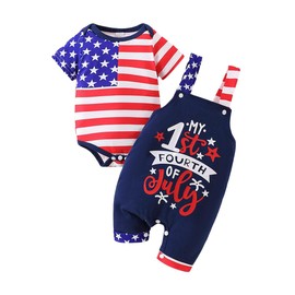 Afsmlys 4 of July Newborn Baby Boy Outfits Gentleman Romper Infant Boy Short Sleeve American Flag Jumpsuit 2PC Pants Set(3-6M)