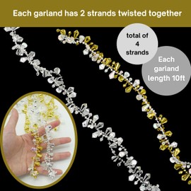 4E's Novelty Crystal Beaded Christmas Tree Garland Ornaments - Set of 4, 40 Ft Long, Each 10 Ft Long - Silver & Gold Bead Garland for Christmas Tree Decorations, Acrylic Twist Ornament Garland