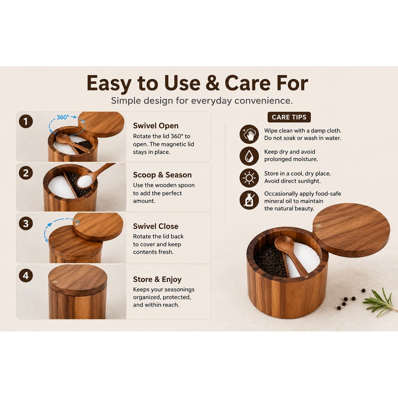 Acacia Wood Salt and Pepper Cellar with Spoon - 360°