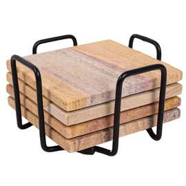 Marbco Sandstone Water Absorbent Hand Crafted Square Coasters for Drinks - 4 Inches Wide Thirsty Stone Bar/Drink Coasters- Made from Rainbow Sandstone (Set of 4 with Holder)