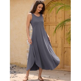 Maxi Dresses for Women Summer Deep Crew Neck Casual Tank Dress Split Sundress Grey L