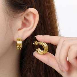 Chunky Gold Hoop Earrings for Women Trendy Triple Hoop Earrings Rectangle Open Hoops Earrings C Shaped Stud Earrings Gold Statement Earrings Fashion Jewelry Gift