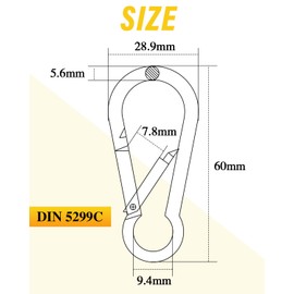 Caianwin Pack of 8 Carabiner Hooks M6 x 60 mm, DIN 5299C Carabiner Load Capacity up to 200 kg, Large Galvanised Steel for Backpack, Dog Lead, Camping, Travel, Hiking