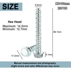 Wavanta 20Pcs Concrete Screws Bolts, M8 x 80mm Masonry Screws for Brick Wall, Flange Hexagonal Head Concrete Anchor Bolts, Used for Fixing on Masonry, Marble, Brick, Wood, Stone