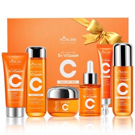 Glown - Juego de 6 piezas para el cuidado de la piel hidratante con 5X vitamina C y niacinamida colágeno, kit de cuidado facial HONLINK incluye tóner, suero facial, limpiador, humectante, crema para